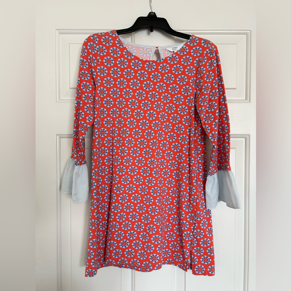 Crown & Ivy Dress, blue and white stripes at bottom of 3/4 length sleeve